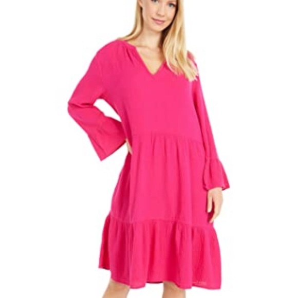 Mododoc Barbie Pink Double Layer Gauze Mandarin Collar Fuchsia Dress - Picture 3 of 7